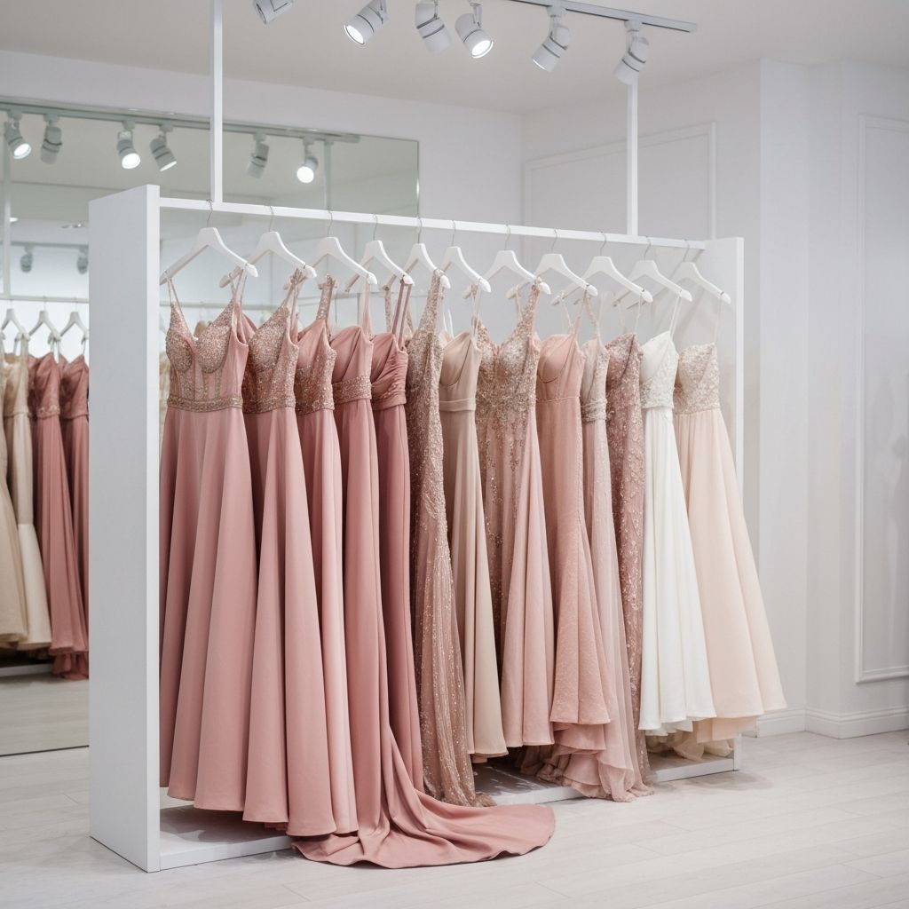 Designer evening gowns and formal dresses available for hire on an elegant garment rack
