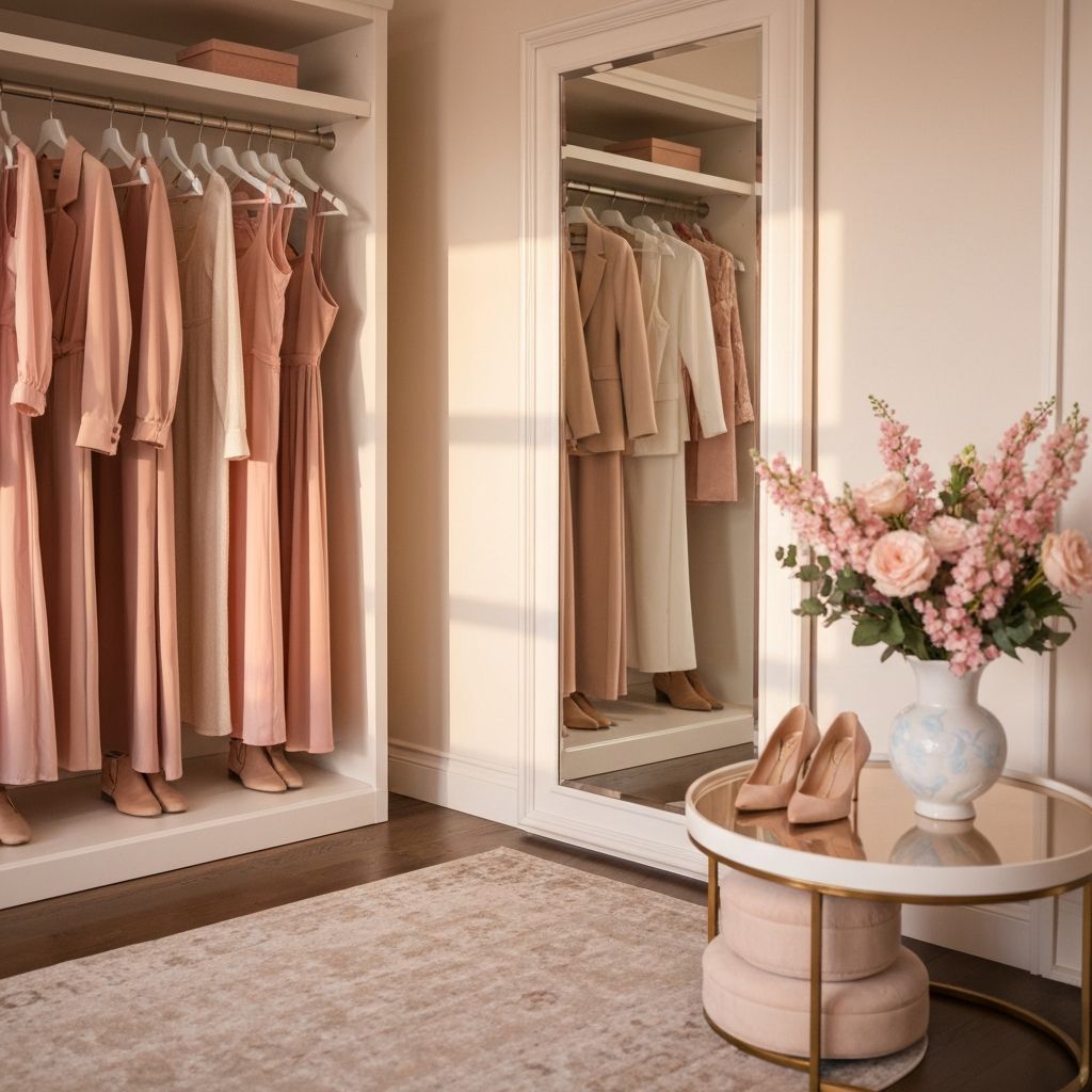 Luxurious personal styling studio with curated wardrobe and full-length mirror